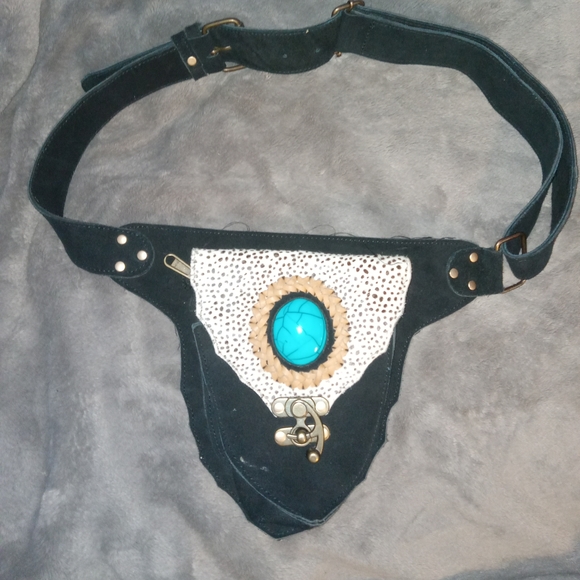 Bohemian Black Waist Bag with Turquoise Accent. Beautiful REAL Animal Hair! - Picture 1 of 3
